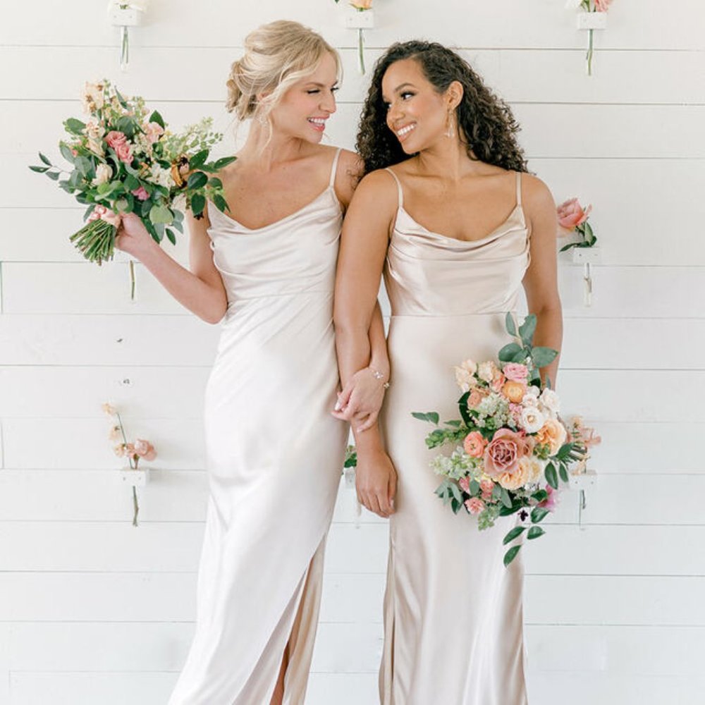 REVELRY SKYE SATIN DRESS, GOLD CHAMPAGNE, SIZE 4